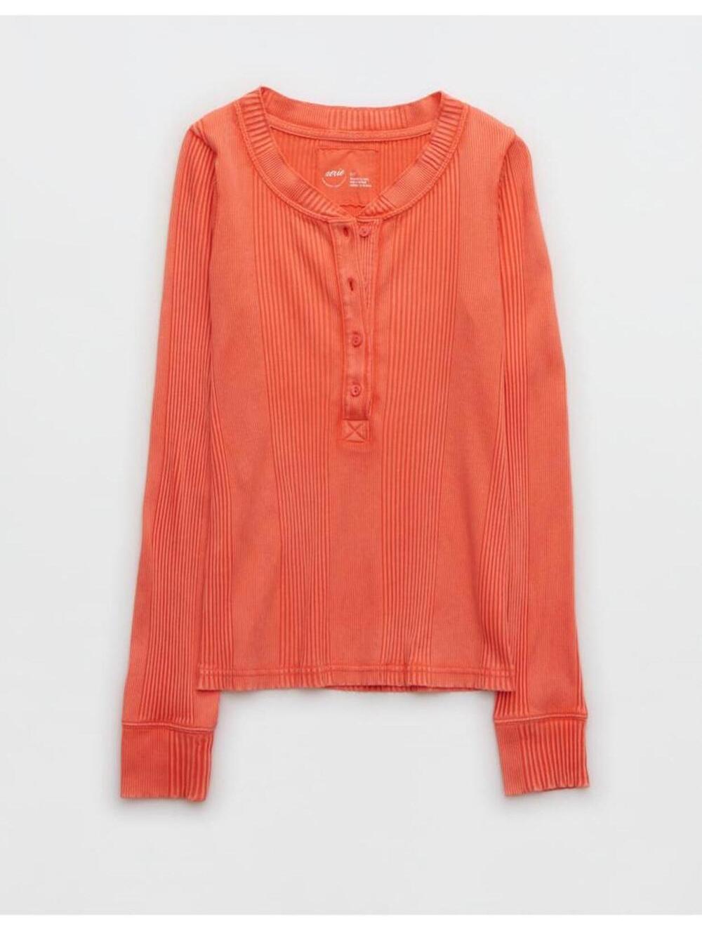 Aerie Coral Orange Road Trip Long Sleeve Henley Ribbed T-Shirt- Size Large